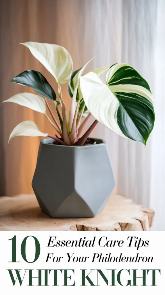 A close-up view of a Philodendron White Knight plant, showcasing its striking variegated leaves with a mix of rich green and creamy white hues. The plant sits in a modern, stylish pot, placed on a natural wood surface with a softly lit, indoor background, adding a cozy and tropical ambiance. The leaves appear glossy and well-cared for, with some new growth emerging, symbolizing health and vitality. The text overlay reads '10 Essential Care Tips for Your Philodendron White Knight' in elegant, clean fonts using shades of green and white, echoing the plant’s unique beauty.