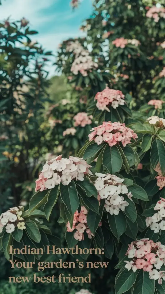 A close-up of Indian Hawthorn shrubs in a lush garden setting, showcasing clusters of delicate pink and white flowers against dense, glossy green leaves. The scene captures a fresh, sunny day with vibrant foliage, hinting at the plant's resilience and ornamental charm. The text overlay reads 'Indian Hawthorn: Your Garden’s New Best Friend' in warm, earthy tones to reflect the inviting and adaptable nature of this garden favorite