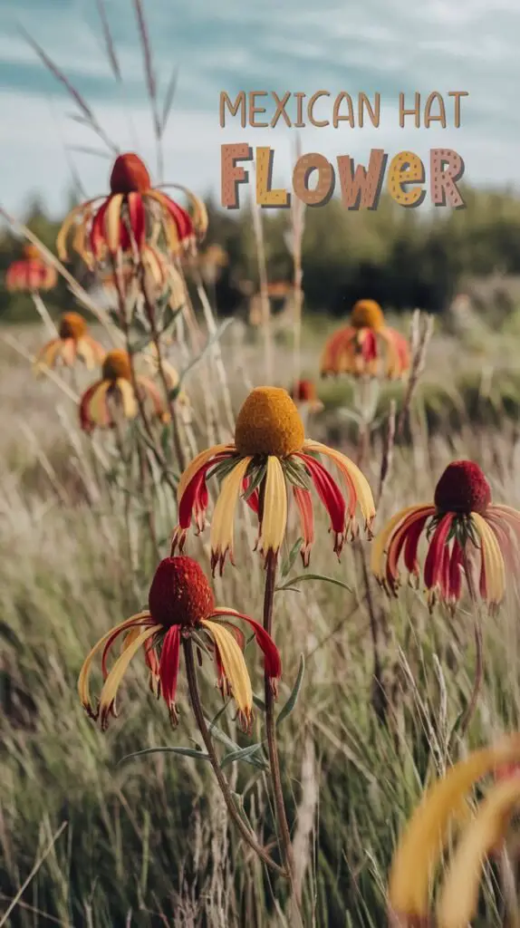 A detailed view of Mexican Hat flowers (Ratibida columnifera) swaying in a breezy, sunlit prairie. The flowers display their iconic sombrero-shaped centers with drooping red and yellow petals, set against a background of tall, native grasses and open blue sky. The atmosphere is bright and rustic, highlighting the unique, whimsical charm of these prairie wildflowers. The text overlay reads 'Mexican Hat Flower' in earthy, playful colors that reflect the flower’s natural and spirited character.