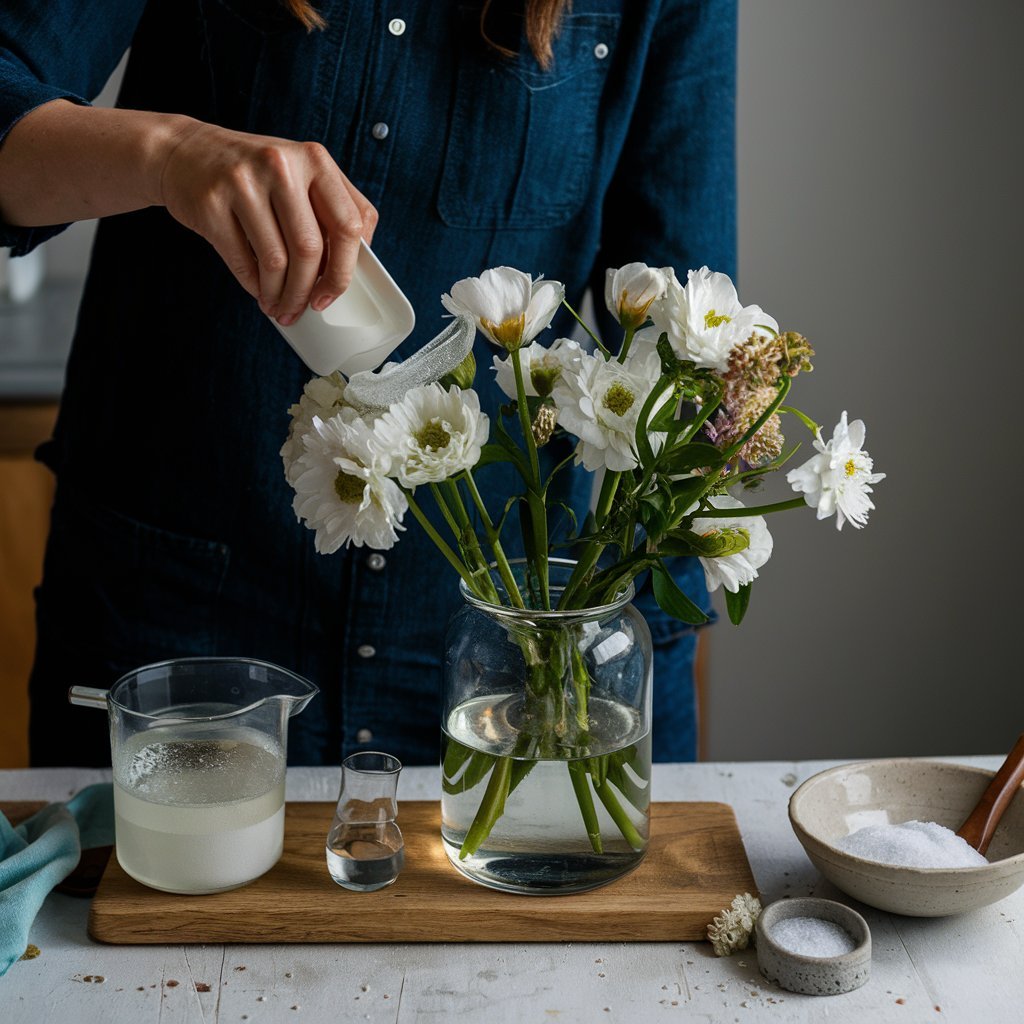 A person in a denim shirt pours liquid from a small jug onto white flowers arranged in a glass vase on a wooden board. Nearby are bowls of salt, a jar of liquid and a measuring cup.cut flowers