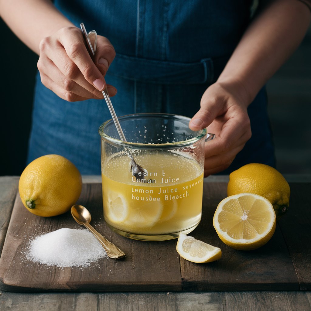  featuring a glass container with warm water, lemon juice, sugar, and household bleach. Show lemons, sugar, and a teaspoon beside the container. Depict stirring the solution with a spoon until sugar dissolves. Emphasize the use of lemon juice for pH balance and preservation.