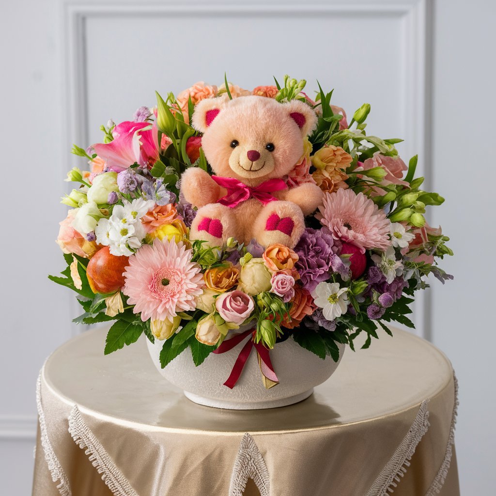 little teddy bear on the front of the bouquet.