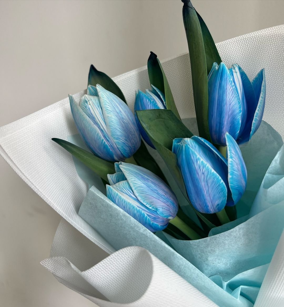 A bouquet of vibrant blue tulips elegantly tied with a delicate white ribbon, showcasing their beauty and charm.