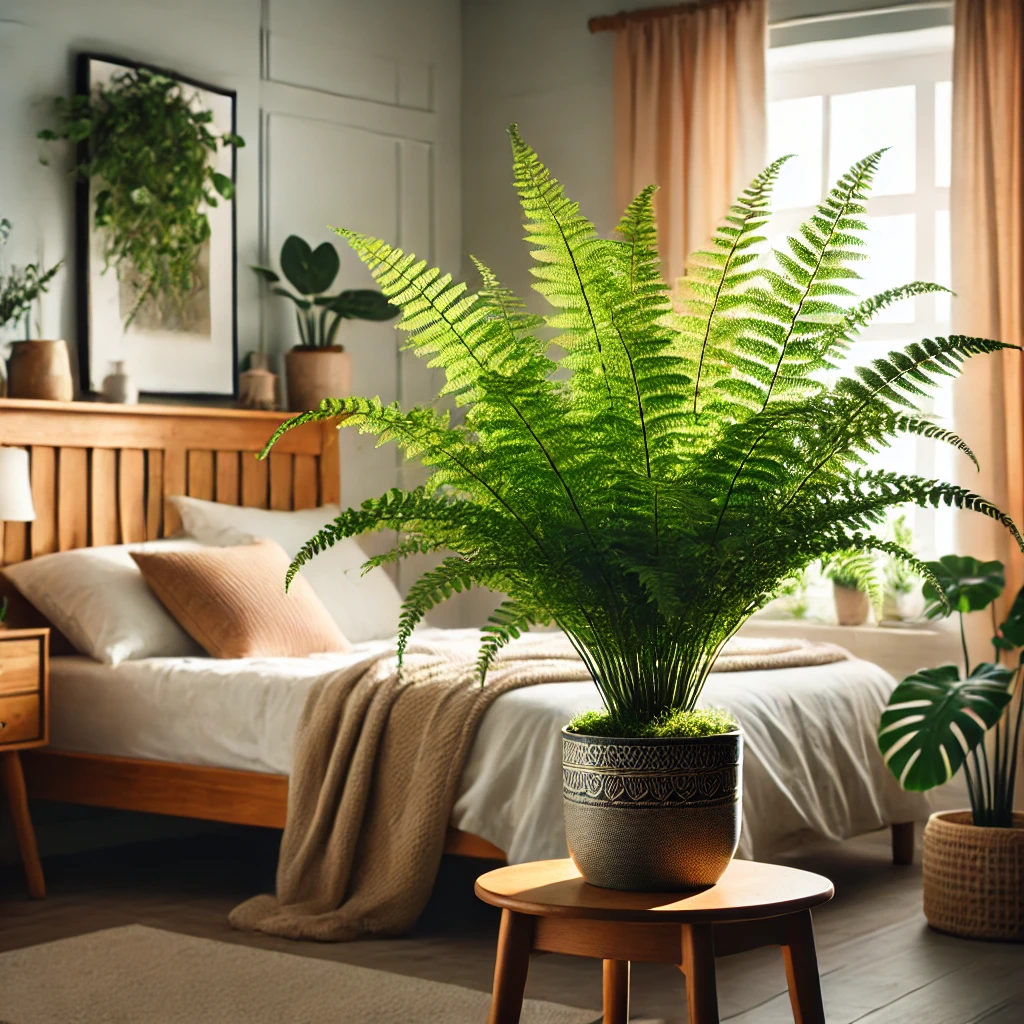 A Boston Fern in a pot rests on a wooden table, positioned in front of a neatly made bed.