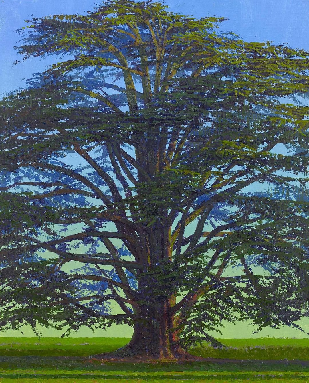 A painting depicting a majestic cedar tree standing alone in a vast, open field under a clear blue sky.