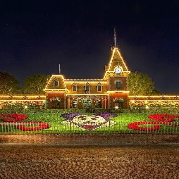 Colorful flower bed featuring Mickey Mouse design, set against the magical backdrop of Disneyland.
