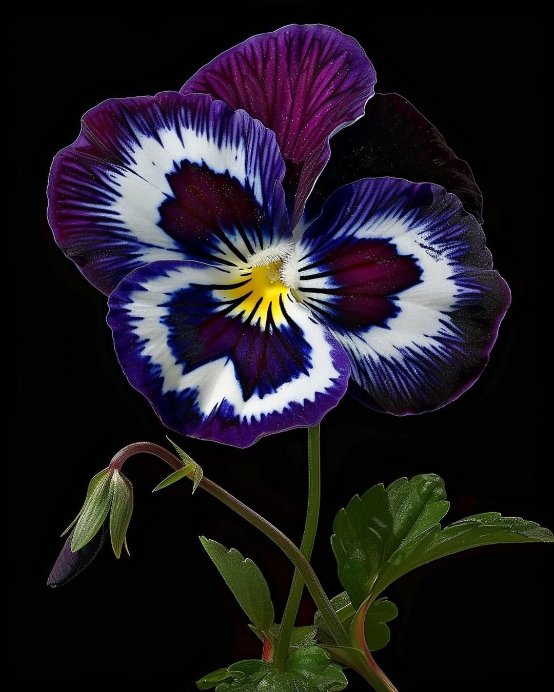 A vibrant purple and white pansy flower stands out against a stark black background, showcasing its delicate petals.