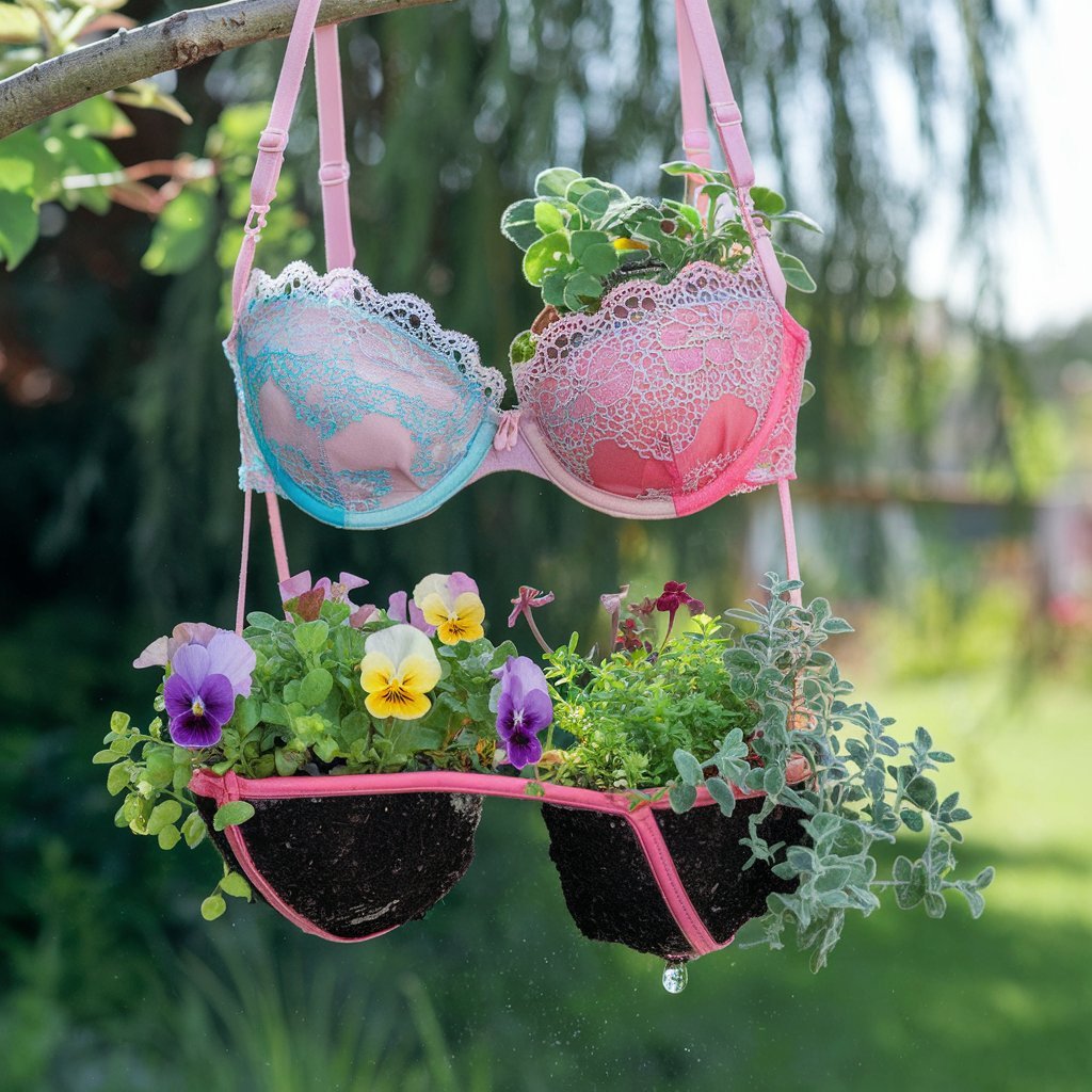 A whimsical scene featuring a bra hanging from a tree adorned with colorful flowers and small herbs at the base.