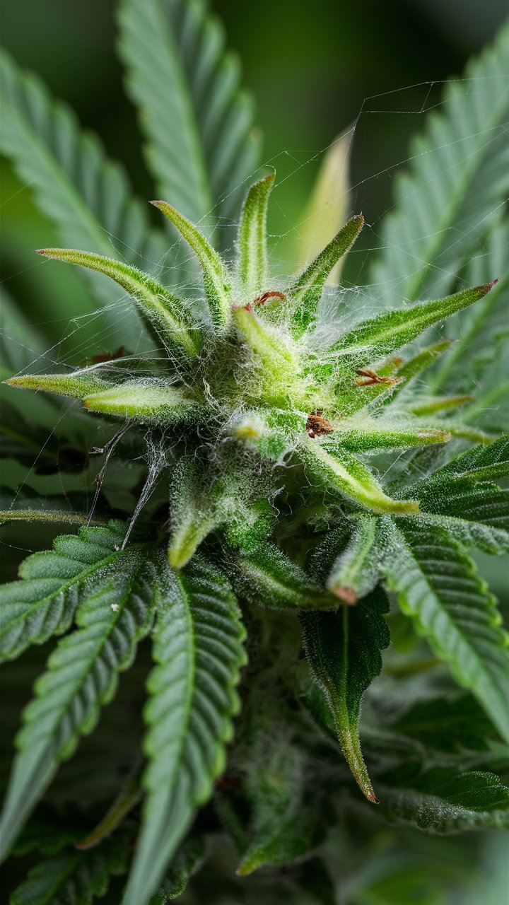 A close up of a cannabis plant with spider mites visible.