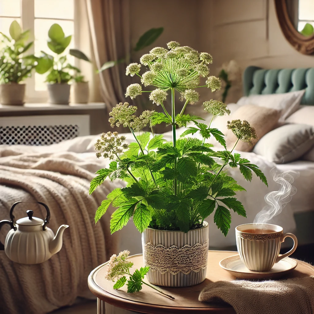 A cozy bed adorned with a Valerian plant and a steaming cup of tea, creating a serene and inviting atmosphere.