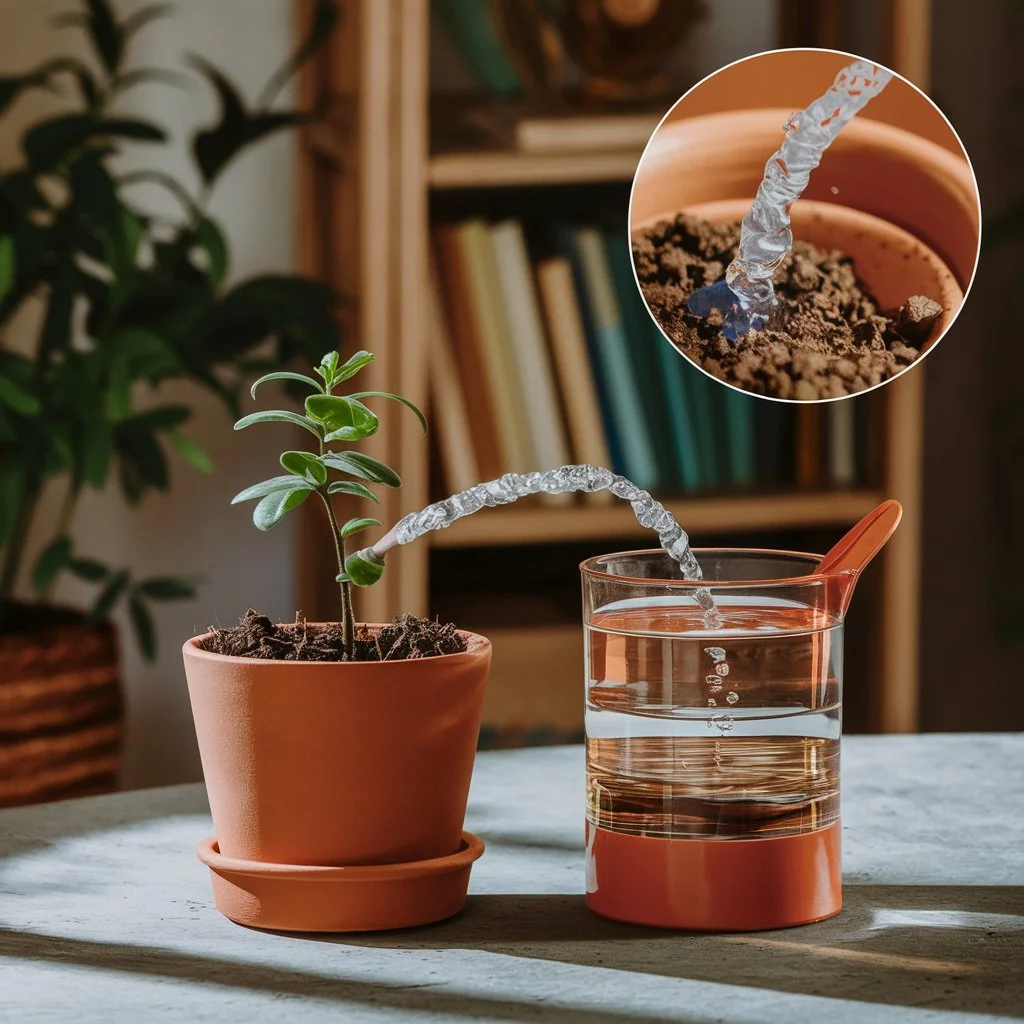  A glass pours water onto a plant, illustrating the Wick Systems technique for optimal plant care.