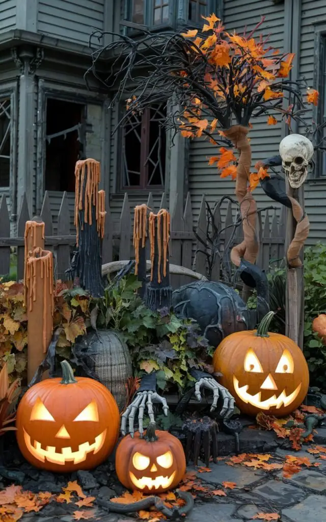 A Halloween garden is a themed garden decorated with spooky elements like carved pumpkins, skeletons, dark-colored plants, and eerie lighting to create a festive and haunting atmosphere.