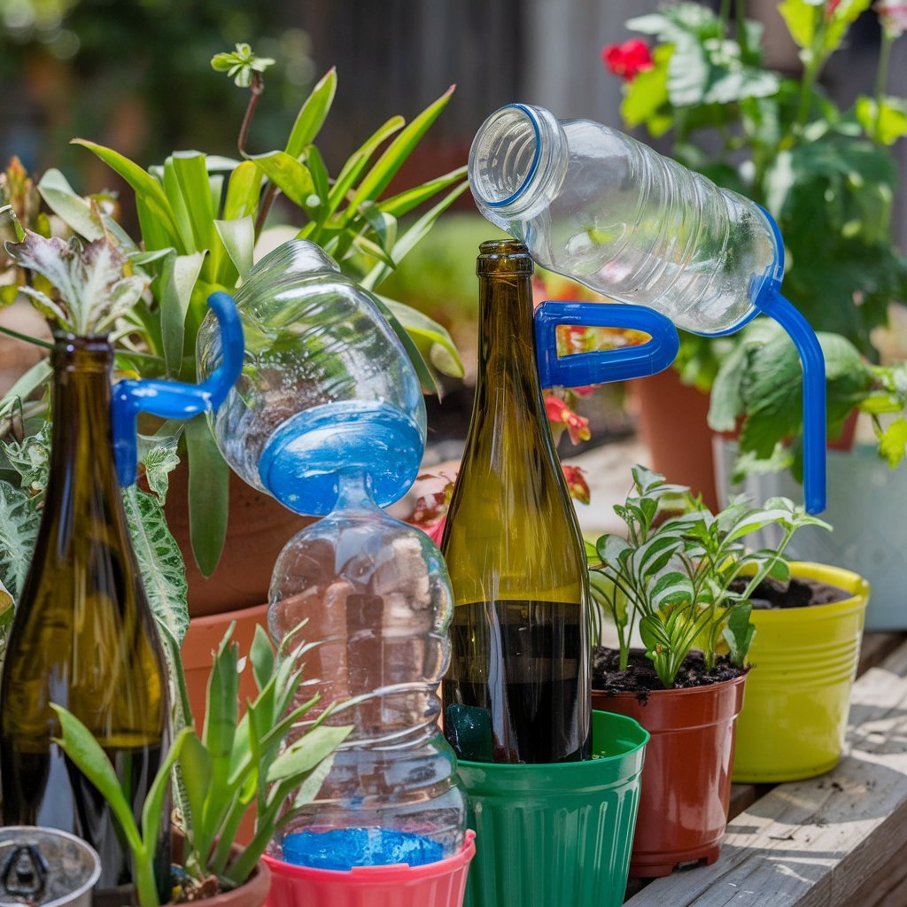  A bottle opener is used to uncork a wine bottle, showcasing a DIY self-watering system in the background.