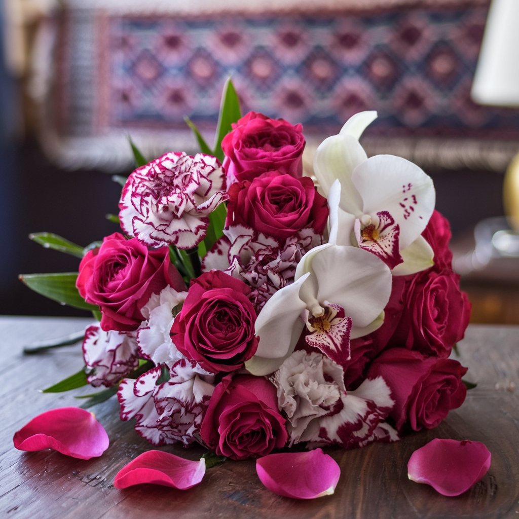 A vibrant bouquet featuring delicate pink roses and elegant white orchids, showcasing the beauty of floral arrangements.