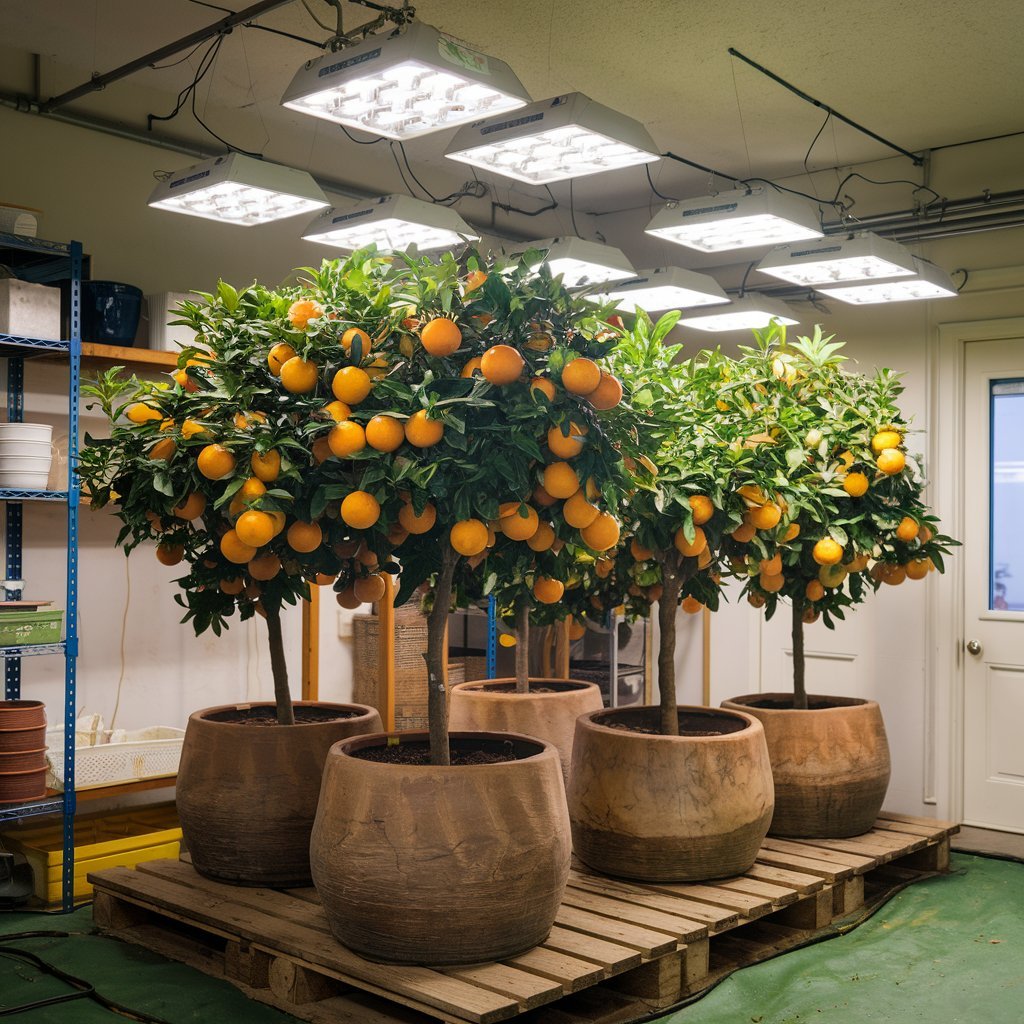 A collection of potted orange trees arranged on a wooden pallet, showcasing indoor gardening and vibrant greenery.
