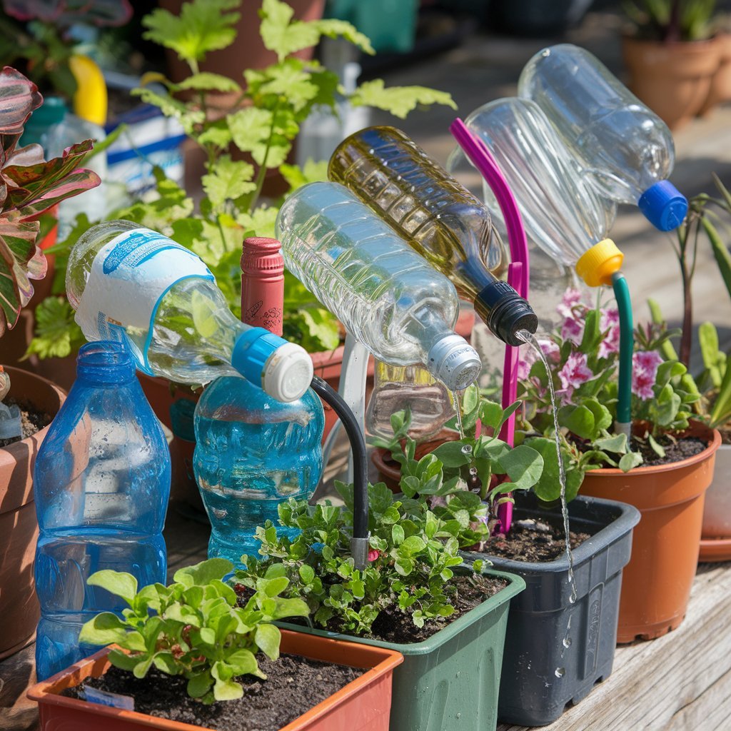 A row of plants in bottles, showcasing a DIY self-watering system for efficient plant care and hydration.