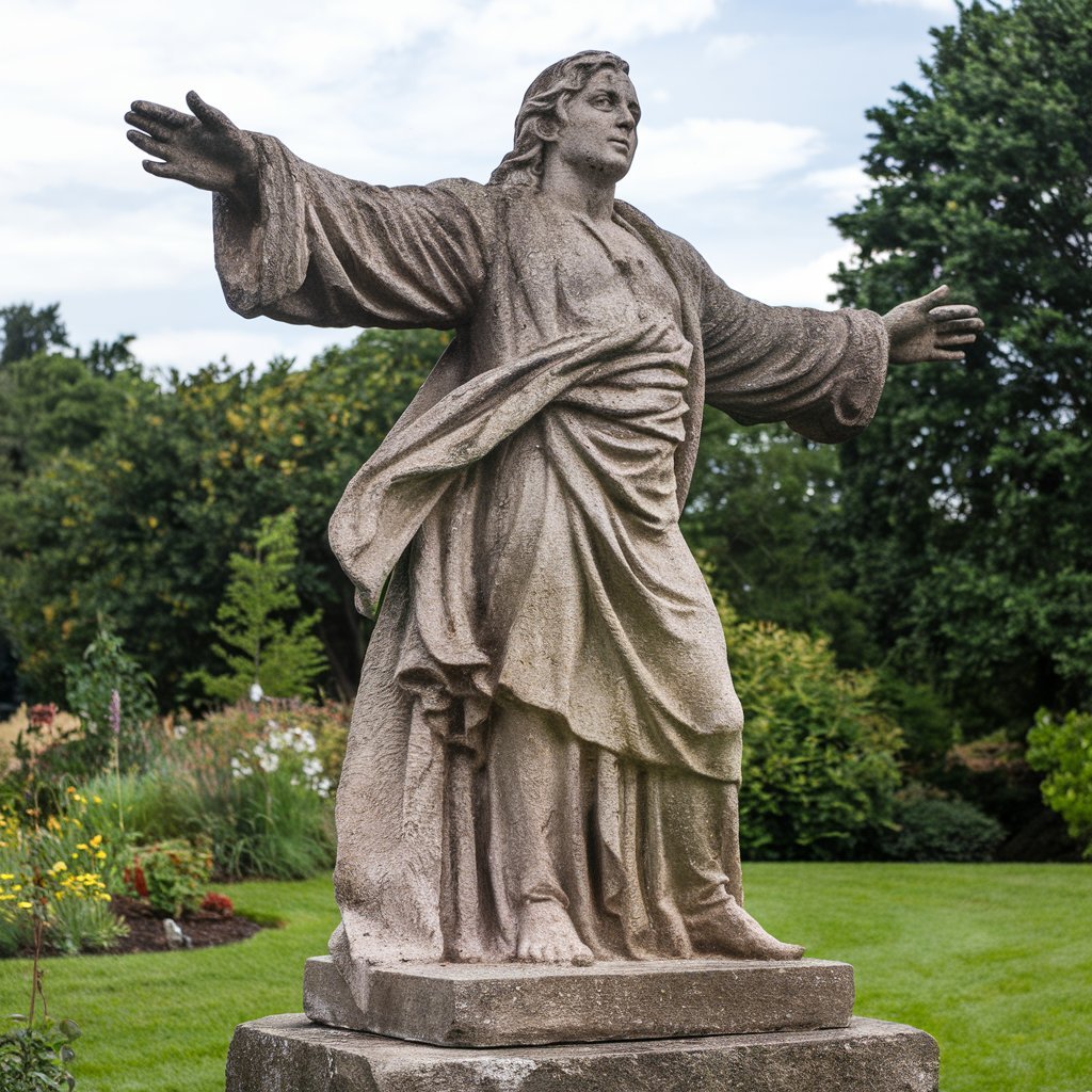 A stone statue of Jesus stands gracefully in a lush garden, surrounded by vibrant greenery and blooming flowers.