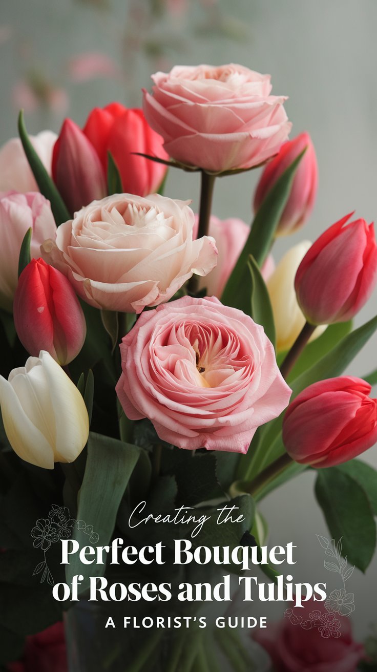 A beautifully arranged bouquet of fresh roses and tulips, blending soft pink, red, and white tones. The delicate petals of the flowers are highlighted, with roses standing tall alongside vibrant tulips, creating a balanced, romantic feel. The bouquet is showcased in a stylish vase with soft lighting that enhances the colors. In the background, a subtle, blurred garden adds a touch of nature. The text overlay reads 'Creating the Perfect Bouquet of Roses and Tulips: A Florist’s Guide' in an elegant, modern font with soft floral accents.