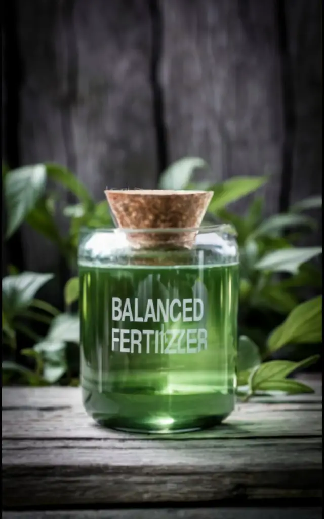 A balanced liquid fertilizer contains equal parts of nitrogen, phosphorus, and potassium (NPK), such as a 10-10-10 or 20-20-20 formula, promoting overall plant health.