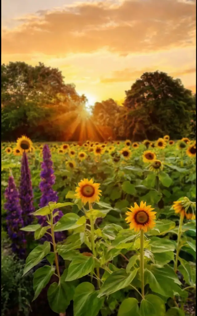 The combination of sunflowers and purple flowers creates a stunning visual contrast, merging the bright, sunny yellow hues of the sunflowers with the rich, deep tones of the purples for a vibrant garden display.