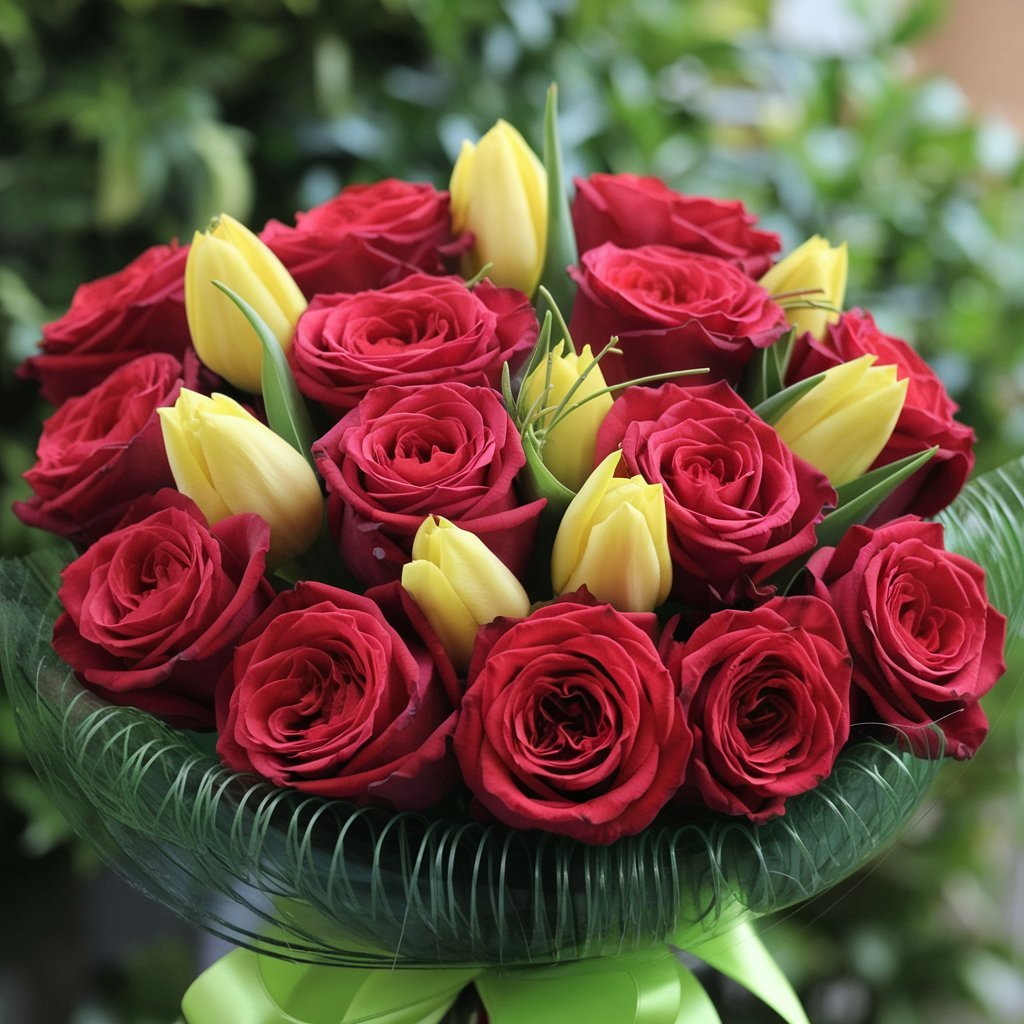 A vibrant bouquet featuring red roses and yellow tulips, elegantly arranged for a stunning floral display.