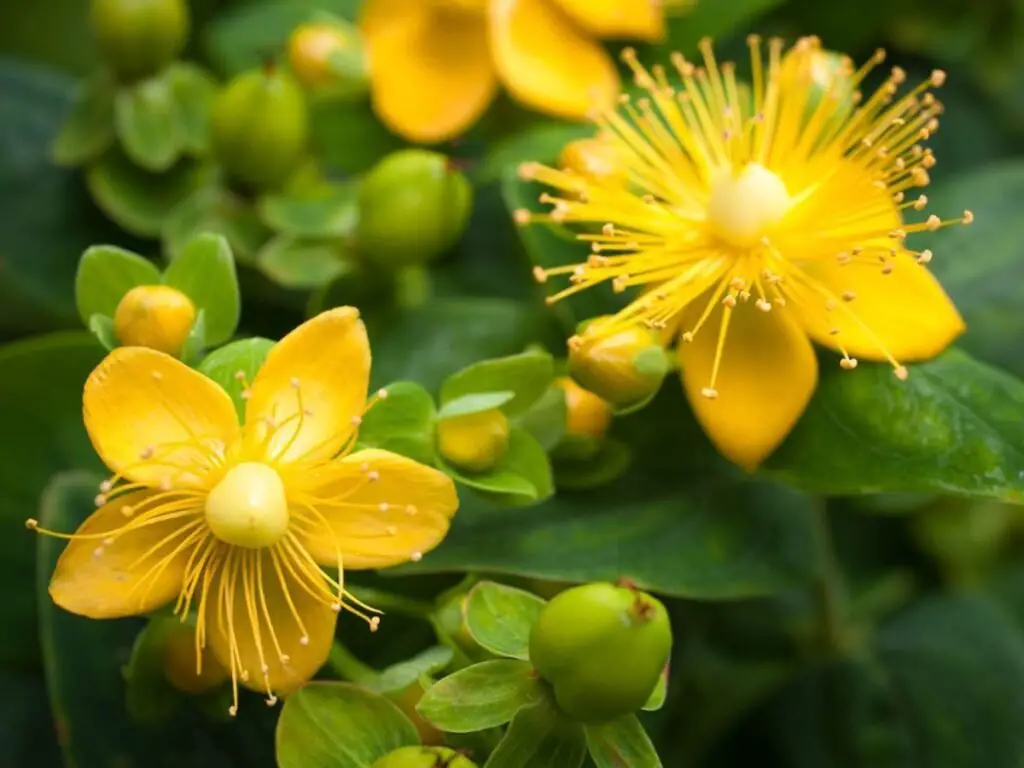 St. John's Wort (*Hypericum perforatum*) is a hardy, flowering plant known for its bright yellow blooms and medicinal properties, commonly used in herbal remedies for mood support and wound healing.