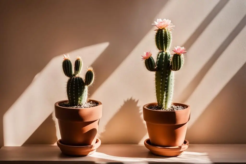 A sunlit master room with soft cream walls and a large window. A vibrant Bunny Ear Cactus (Opuntia microdasys) sits in a terracotta pot on a wooden shelf. Its fuzzy pads glow in the sunlight, casting playful shadows on the wall. Cozy, serene, and inviting atmosphere.