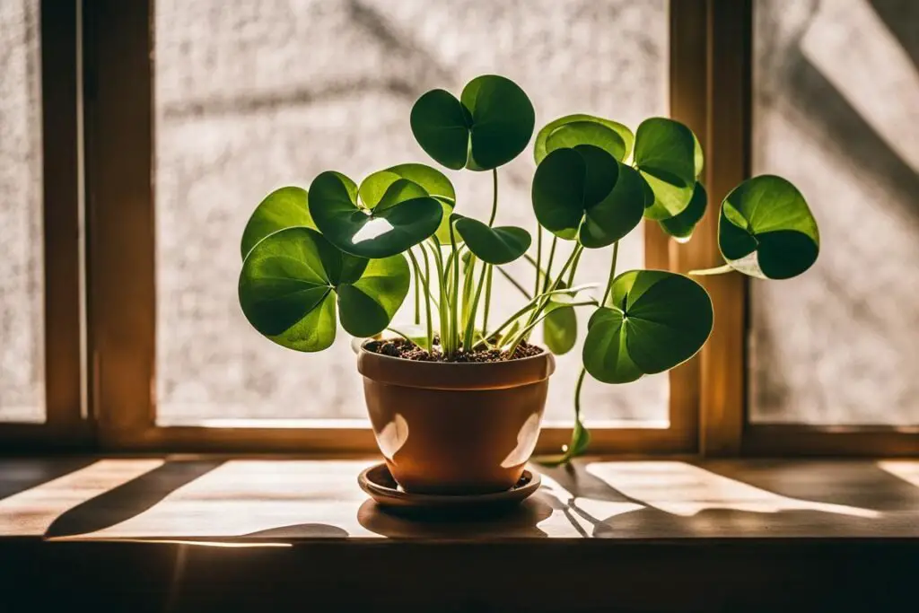 A vibrant Chinese Money Plant (Pilea peperomioides) with lush, round leaves sits gracefully on a wooden table in a cozy, sunlit room. Sunbeams dance through a nearby window, casting playful shadows. The plant's pot is a cheerful, bright color, adding a touch of whimsy to the