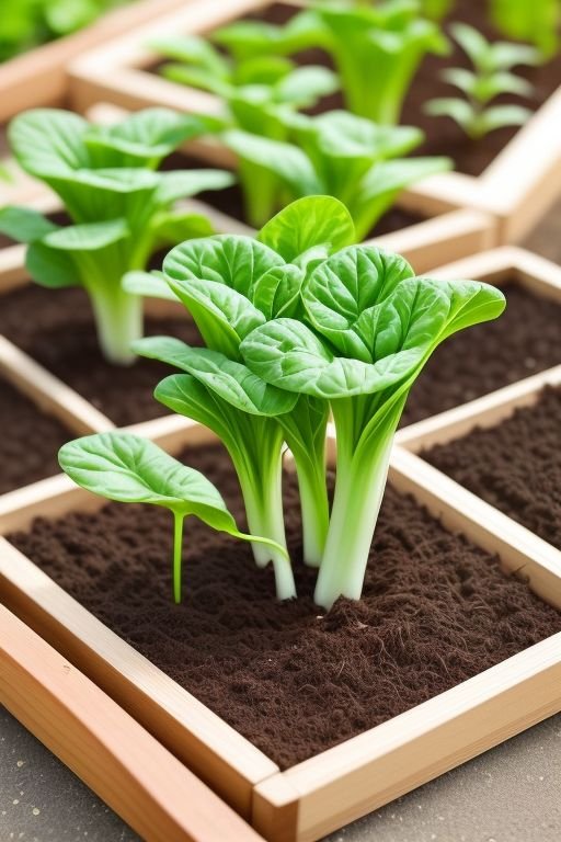 A close-up gardening scene focused on planting bok choi. In the foreground, a gardener is sowing seeds into the soil, placing them 1/4 inch deep and about 2 inches apart. Nearby, seedlings are carefully spaced 6 inches apart and planted with their bases level to the soil surface. The rich soil, lush green leaves, and bright garden tools emphasize the hands-on aspect of growing bok choi. Soft, natural light filters through the garden, creating a fresh and productive atmosphere. Text overlay reads, 'Planting Bok Choi: Seeds & Seedlings.