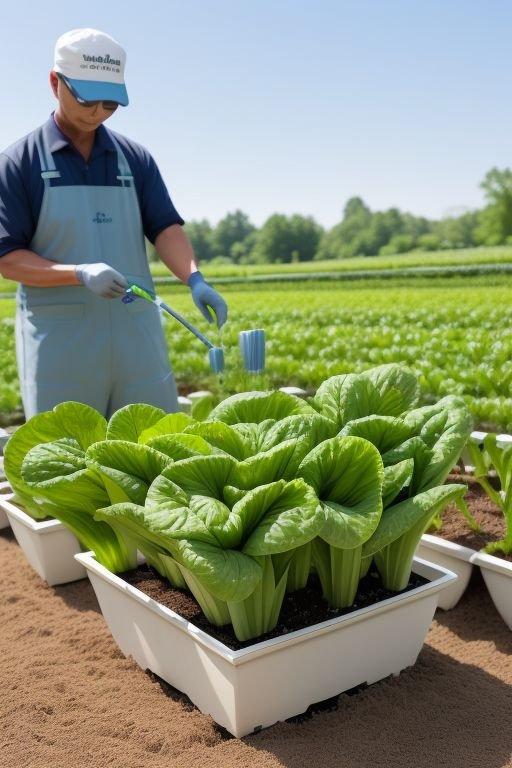 A peaceful garden setting showcasing thriving bok choi plants under optimal care. In the foreground, a gardener is applying a balanced water-soluble fertilizer, while another section shows well-watered soil with no water on the leaves. The bok choi is placed in a sunny spot, receiving 4-6 hours of direct sunlight, and shaded in the afternoon to prevent bolting. A moisture meter stands nearby, helping to maintain ideal soil moisture levels. Text overlay reads, 'Caring for Bok Choi: Sun, Water, and Nutrients.