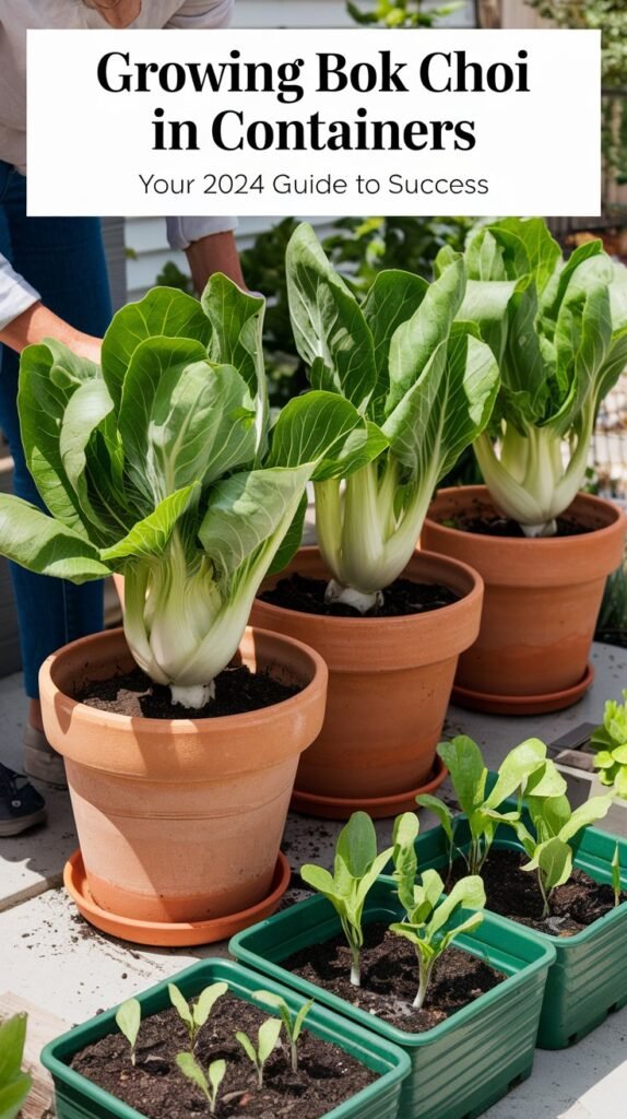 A vibrant container garden featuring lush bok choi plants growing in pots on a sunny patio. The containers are at least 6 inches deep, with healthy bok choi leaves reaching their full height. In the foreground, a gardener tends to the plants, ensuring they have consistent moisture and proper sunlight. Some containers have young bok choi seedlings just sprouting, showcasing the simplicity of growing in small spaces. Text overlay reads, 'Growing Bok Choi in Containers: Your 2024 Guide to Success.