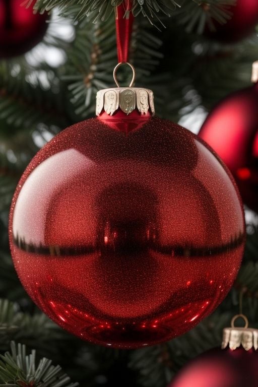 A classic glass red Christmas ornament hanging elegantly from a beautifully decorated tree.