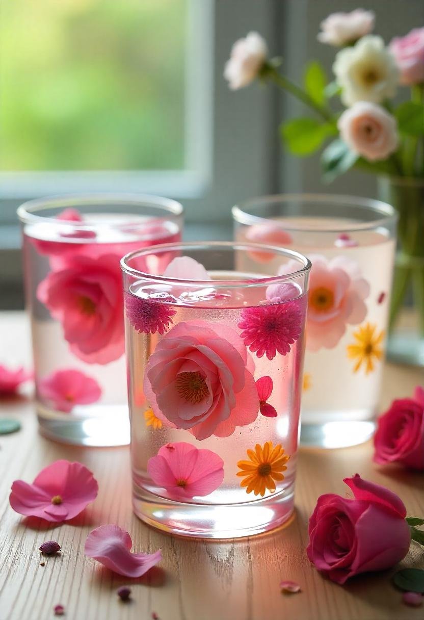 Three glasses filled with water, showcasing pink flowers, representing floral gel air fresheners in a decorative display.