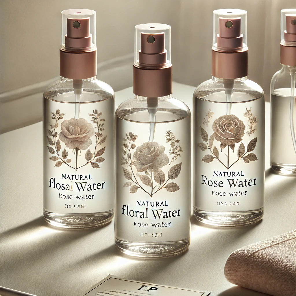 Three bottles of water and rose water elegantly arranged on a table, showcasing floral water sprays in a serene setting.