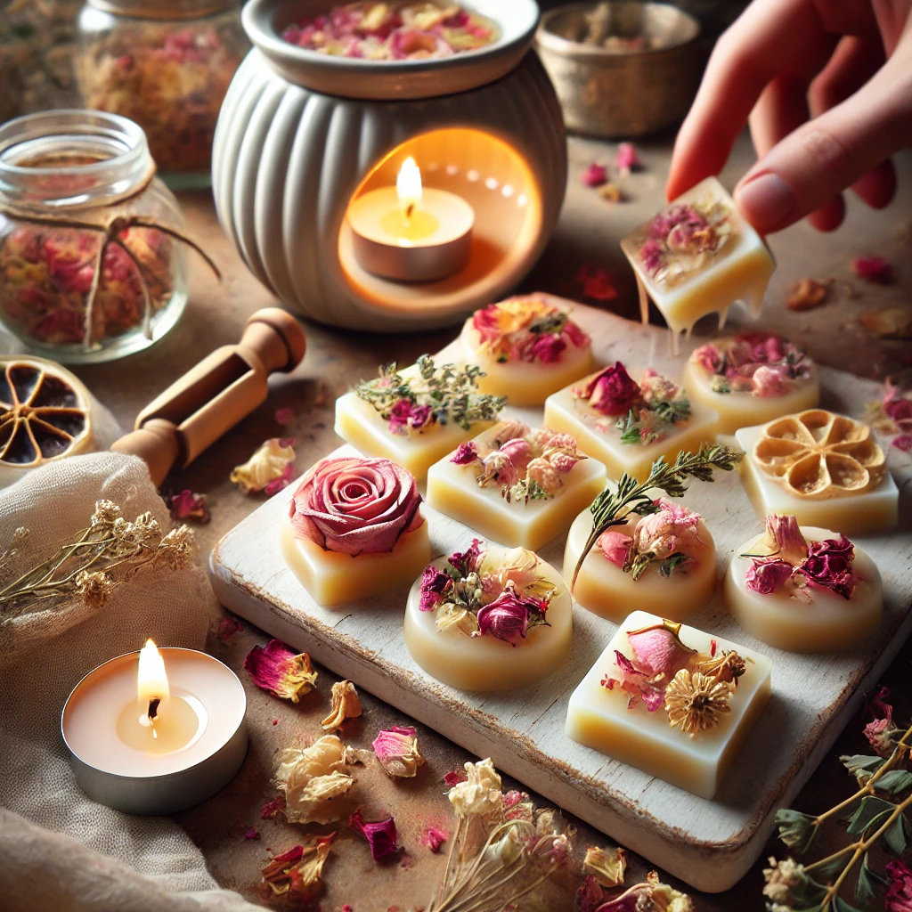  A person arranging candles and floral wax melts on a tray alongside various soap bars.