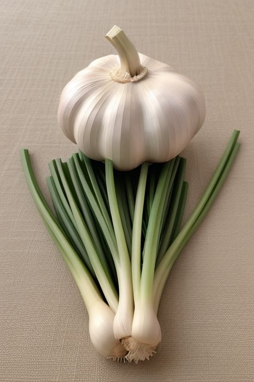 A garlic bulb accompanied by fresh green onions, showcasing vibrant colors and textures in a culinary setting.