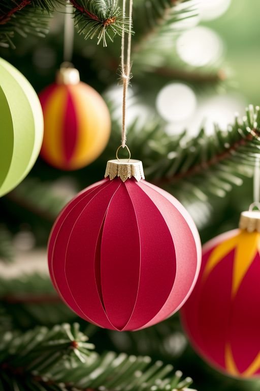 Three handmade paper ornaments elegantly hanging from a beautifully decorated Christmas tree.