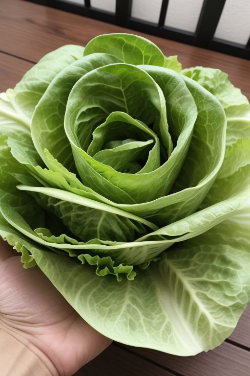 A person holds a large green cabbage, showcasing its vibrant color and fresh appearance against a neutral background.
