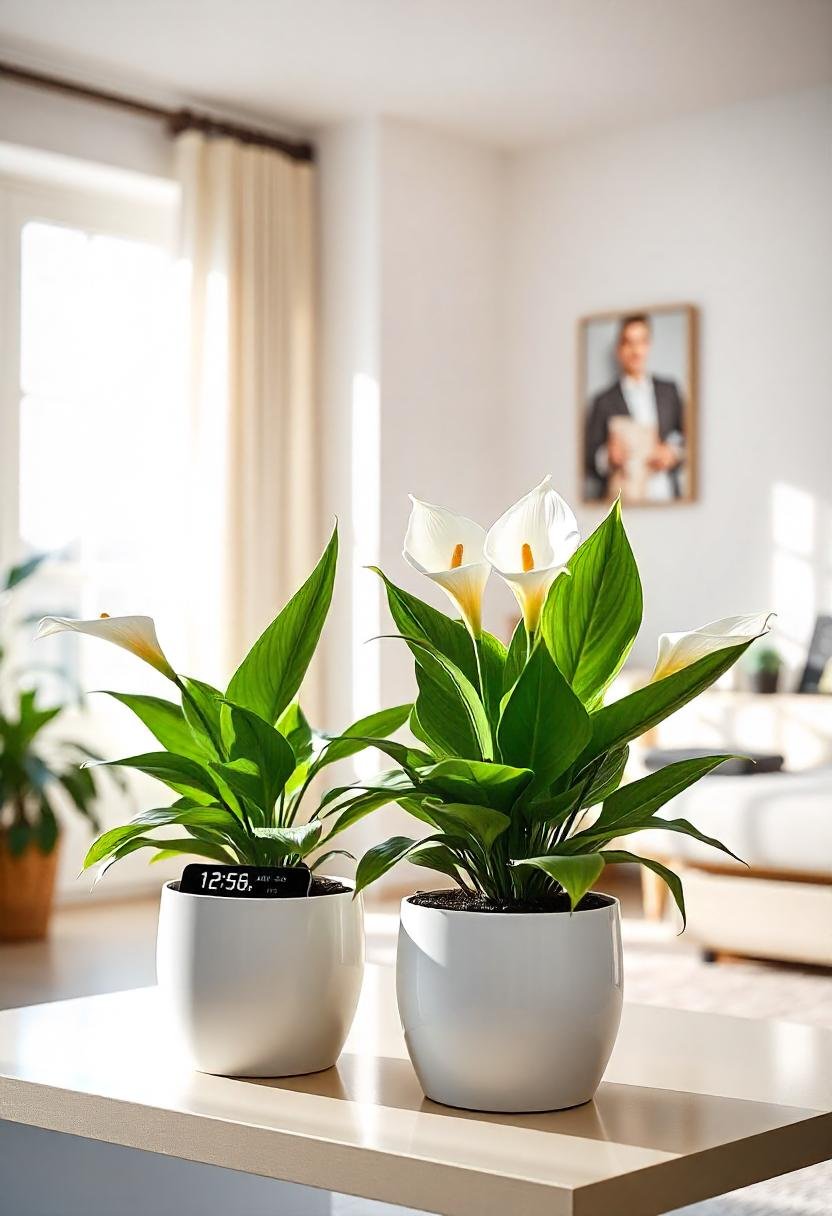 Two white potted plants on a table in a living room, enhancing the space with air-purifying qualities.
