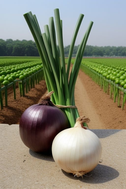 Two onions and a bunch of green onions growing in a lush field under natural sunlight.