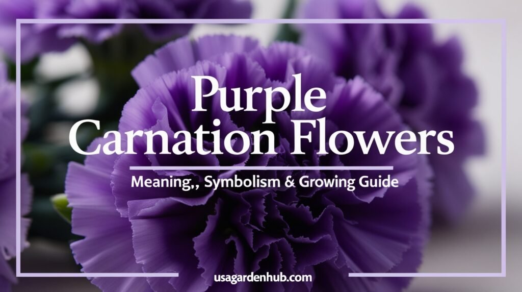 Create a vertical Pinterest pin (1000×1500 px) for the article titled “Purple Carnation Flowers: Meaning, Symbolism and Growing Guide.” Design details: Background: Close-up shot of fresh purple carnation blooms with soft natural lighting. Slight blur around the edges for focus on petals. Headline text: Main: “Purple Carnation Flowers” Subtext: “Meaning, Symbolism & Growing Guide” Font style: Elegant serif for the title; clean sans-serif for the subline. Color palette: Deep purples, soft lavenders, and light neutrals to match the flower’s tone. Overlay: Gentle translucent white or pale lilac gradient for text readability. Branding: Include usagardenhub.com at the bottom in subtle gray or white text. Mood: Graceful and calm — inviting readers to explore both the beauty and significance of these