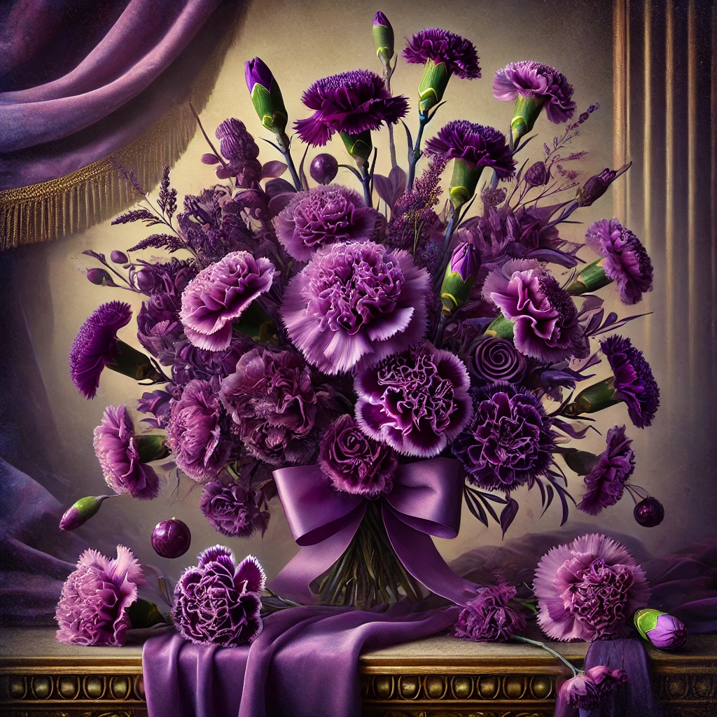 A vase filled with vibrant purple carnations, elegantly adorned with a matching purple ribbon.