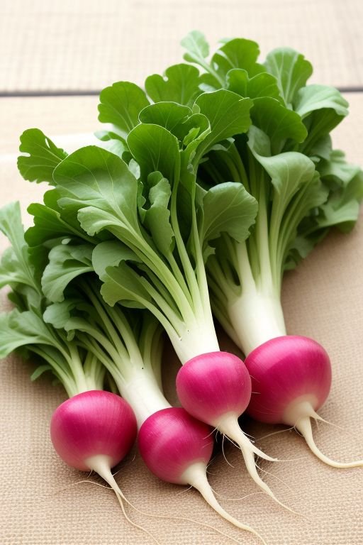 A collection of fresh radishes displayed on a wooden table, showcasing their vibrant colors and crisp texture.