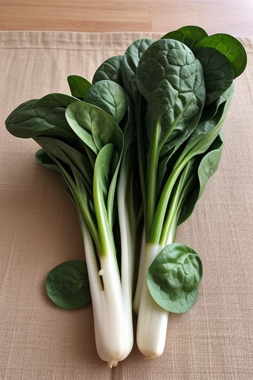 Two fresh green spinach leaves resting on a wooden table surface, showcasing their vibrant color and texture.
