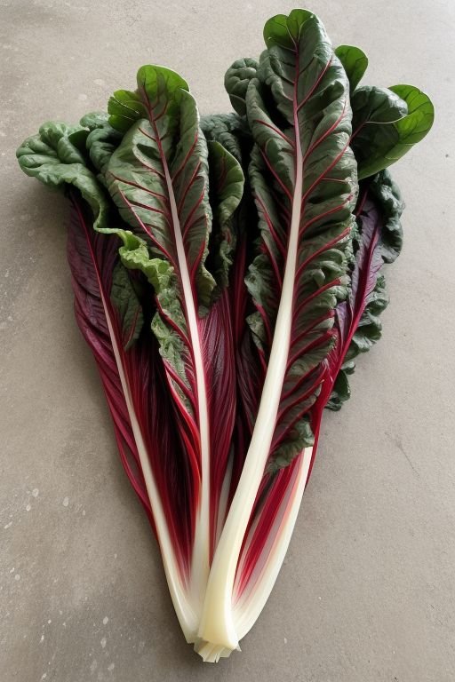 A vibrant display of red and white Swiss chard leaves arranged on a wooden table, showcasing their rich colors and textures.