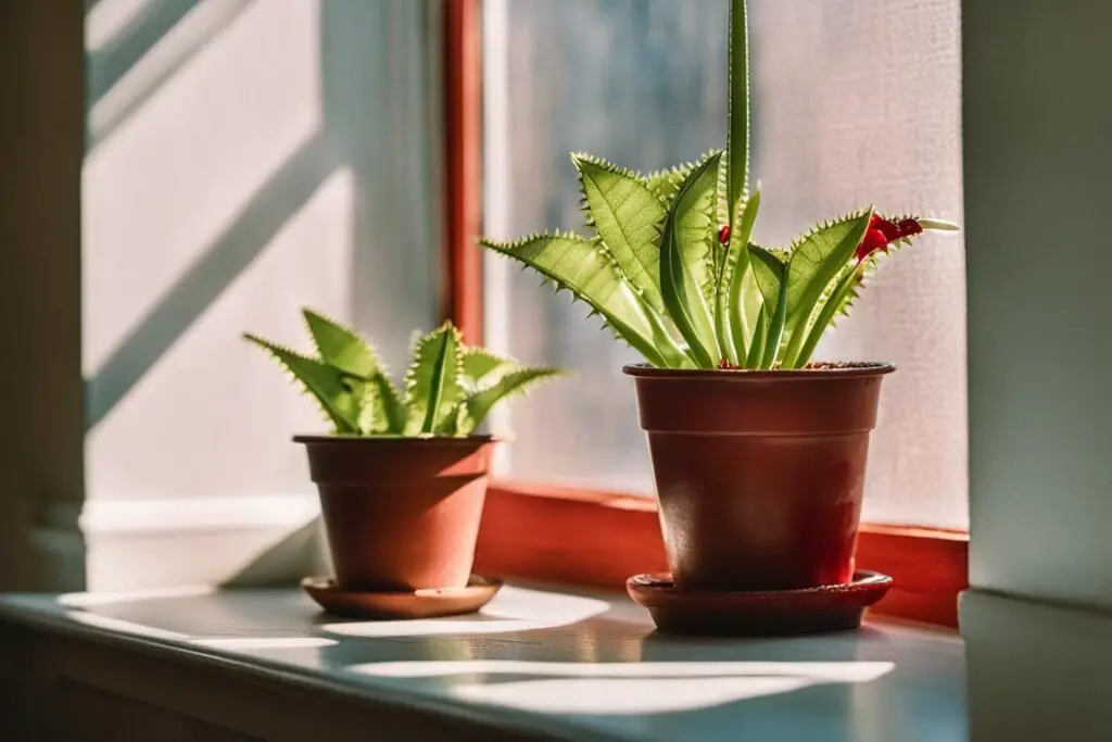 A vibrant Venus Flytrap, its green leaves edged with red, sits in a sunny windowsill. The plant's delicate, spiky traps are open wide, ready to catch unsuspecting prey. Sunlight streams through the window, casting playful shadows on the wall, creating a cozy, jungle-like atmosphere in the room.