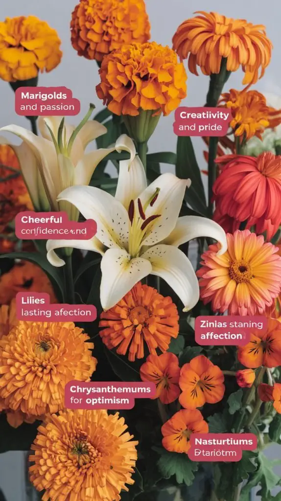 A beautiful arrangement of various orange flowers, including vibrant marigolds, elegant lilies, cheerful zinnias, radiant chrysanthemums, and vibrant nasturtiums. Each flower is labeled with a brief description of its symbolism, such as marigolds representing creativity and passion, lilies standing for confidence and pride, zinnias for lasting affection, chrysanthemums for optimism, and nasturtiums for patriotism. The overall composition should have a bright, sunny atmosphere, highlighting the warmth and energy of orange flowers.