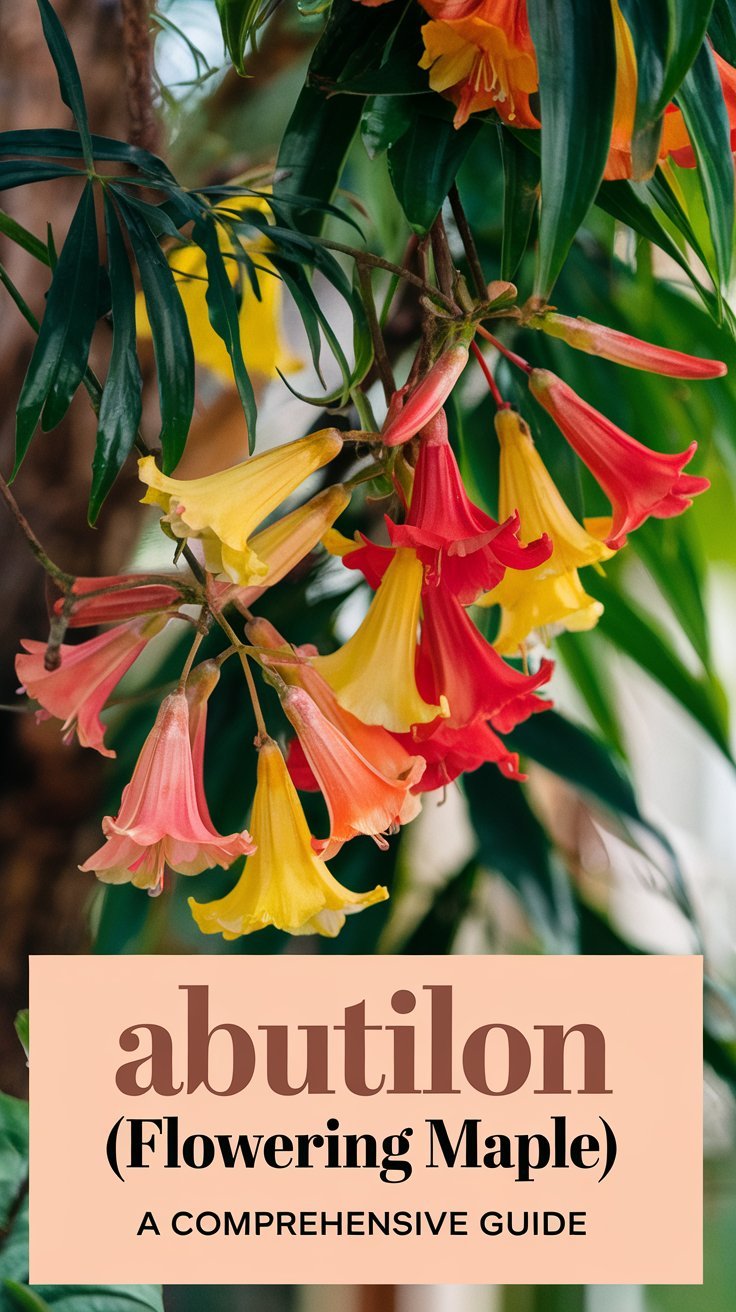 A beautiful close-up of Abutilon flowers (Flowering Maple) in vibrant hues of orange, yellow, and red, showcasing their unique bell-shaped blooms. The flowers hang gracefully from lush, green foliage, creating a lush tropical feel. The background is softly blurred to highlight the striking colors of the flowers, evoking a warm, inviting atmosphere. The text overlay reads 'Abutilon (Flowering Maple): A Comprehensive Guide' in a modern, stylish font, using earthy tones that complement the vibrant colors of the blooms.