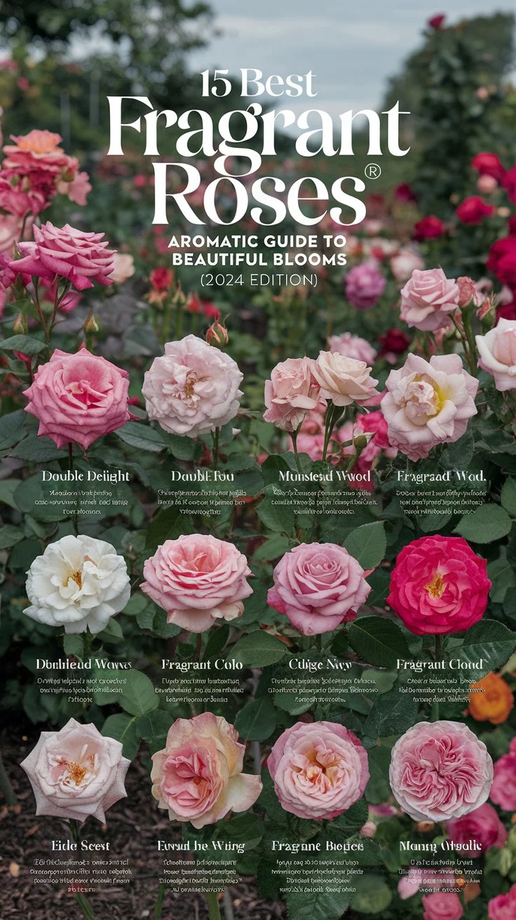 "A beautifully designed garden scene featuring '15 Best Fragrant Roses' prominently displayed in elegant typography at the top, followed by the subtitle 'Aromatic Guide to Beautiful Blooms (2024 Edition).' Each rose variety is depicted with vibrant blooms, including labels for 'Double Delight,' 'Munstead Wood,' and 'Fragrant Cloud,' among others. The roses are arranged in sections, with brief descriptions of fragrance notes, bloom color, and height appearing next to each one. The layout highlights key 2024 trends, like compact varieties and increased disease resistance. Clear, well-structured text ensures 100% accuracy, enhancing educational and visual appeal for rose enthusiasts.