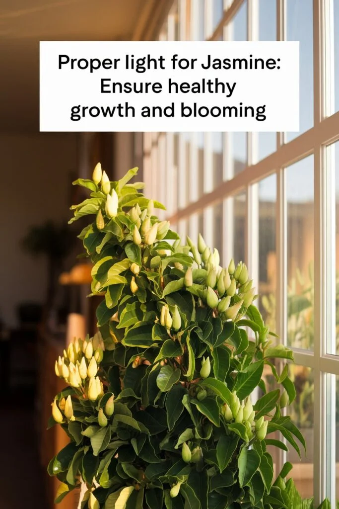 A bright indoor setting where a healthy jasmine plant is placed near a large south-facing window. The jasmine is receiving indirect sunlight, bathing the leaves and buds in warm, natural light. The plant shows vibrant green foliage and is starting to bloom, benefiting from 6-8 hours of bright light daily. In the background, the cozy interior reflects a calm and inviting environment for growing jasmine. Text overlay reads, 'Proper Light for Jasmine: Ensure Healthy Growth and Blooming.